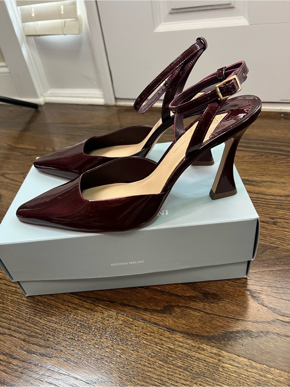 Antonio Melani Burgundy Patent Pointed-Toe Ankle-Strap Heels - Picture 3 of 8